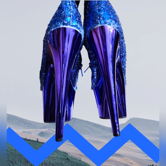 Pleaser Size 8 Adore Ankle Boots Blue Sequins Blue Chrome worn Dancer Shoes GUC - Picture 7 of 16
